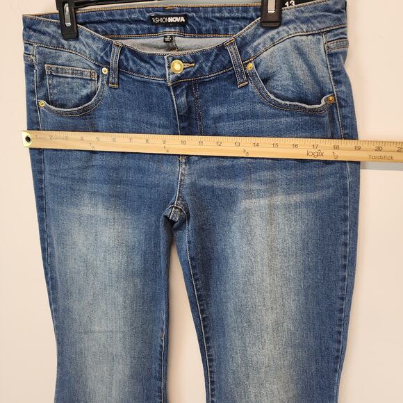 Fashion Nova Flare Bell Bottom Jeans Size 13 32" Blue Mid Rise Distressed Hippie - Picture 10 of 12